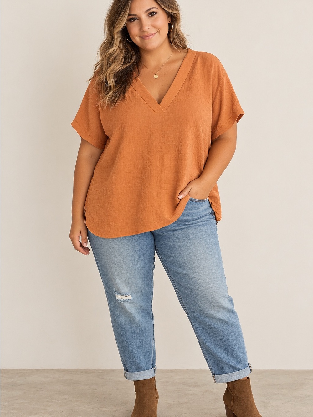 Zenana 2X Pumpkin Terracotta Textured V-Neck Short Sleeve Tunic Top